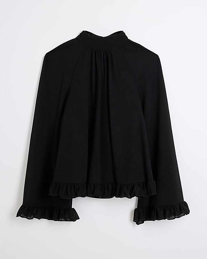 Black Chiffon Long sleeve frill Blouse