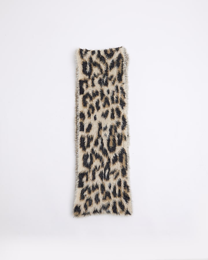 Beige Leopard Fluffy Skinny Scarf