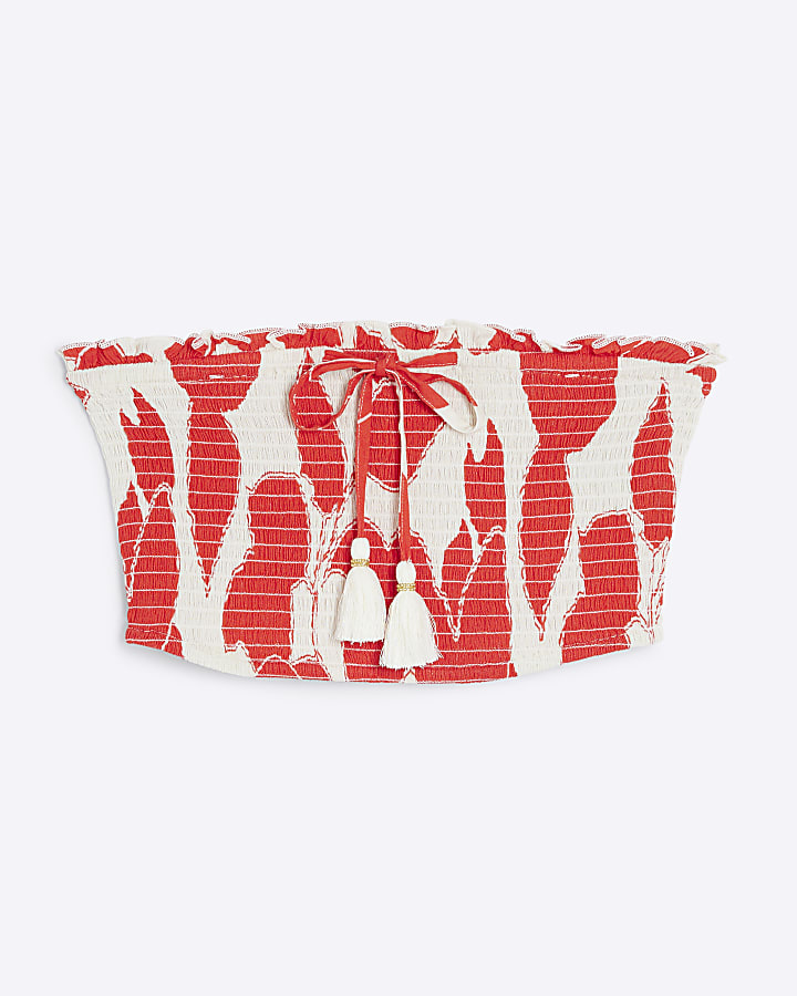 Red Shirred Floral Bandeau Top