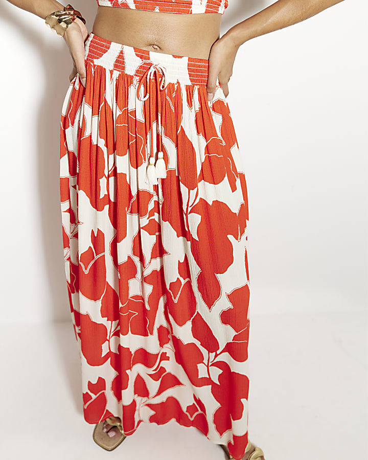 Red Shirred Floral Bandeau Top
