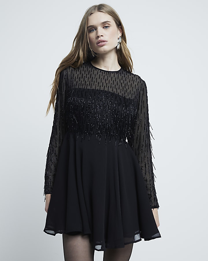 Black Premium Embellished Fringed Mini Dress