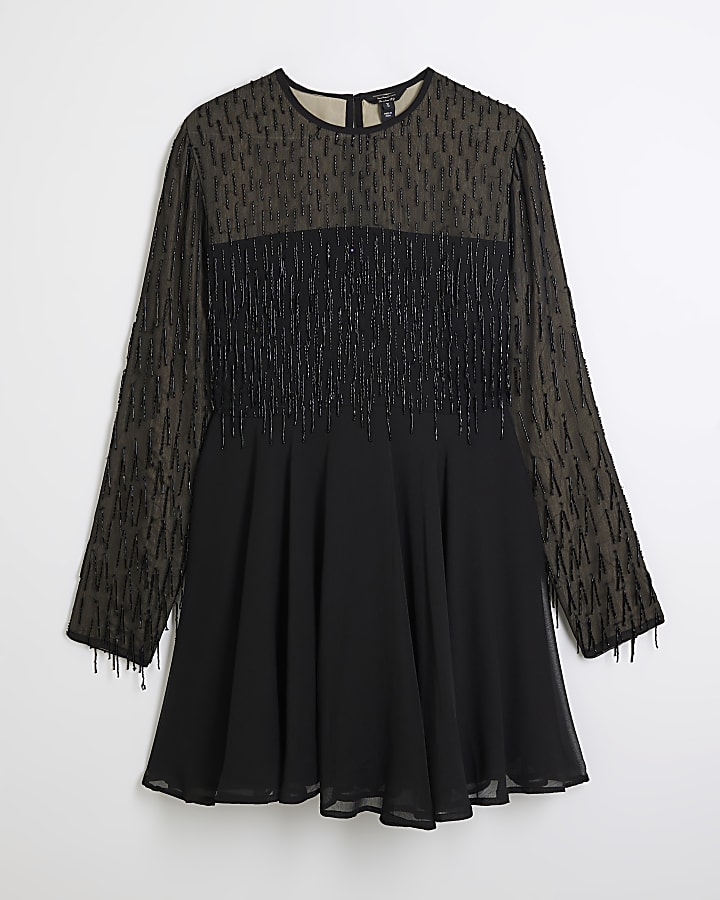 Black Premium Embellished Fringed Mini Dress