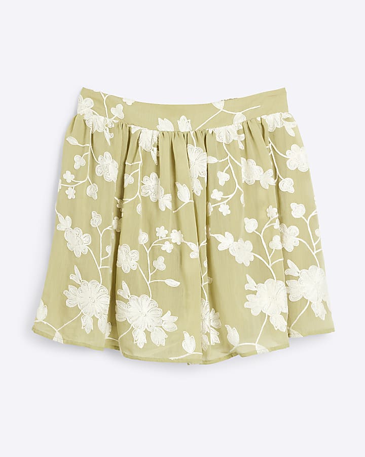 Green Embroidered Mini Ruffled Skirt