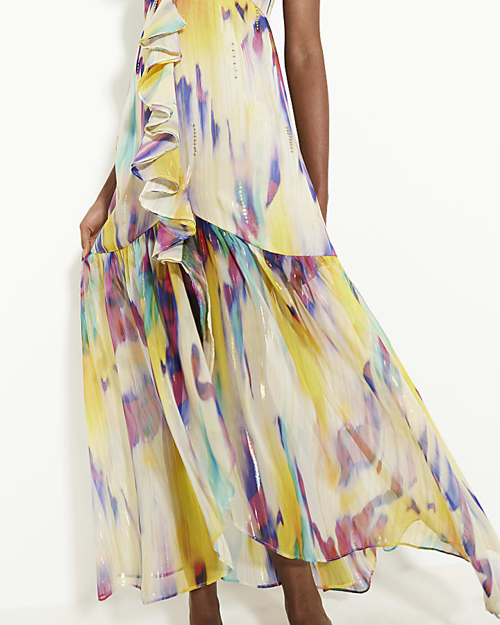 Purple Blurred Print Frill Maxi Dress