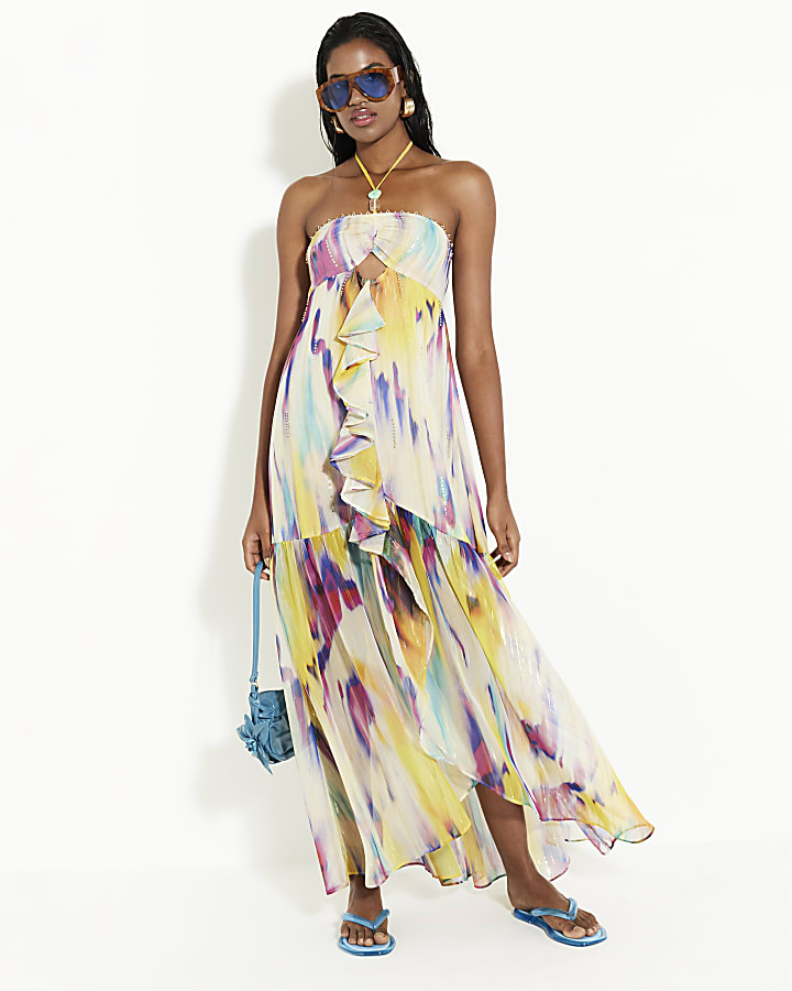 Purple Blurred Print Frill Maxi Dress