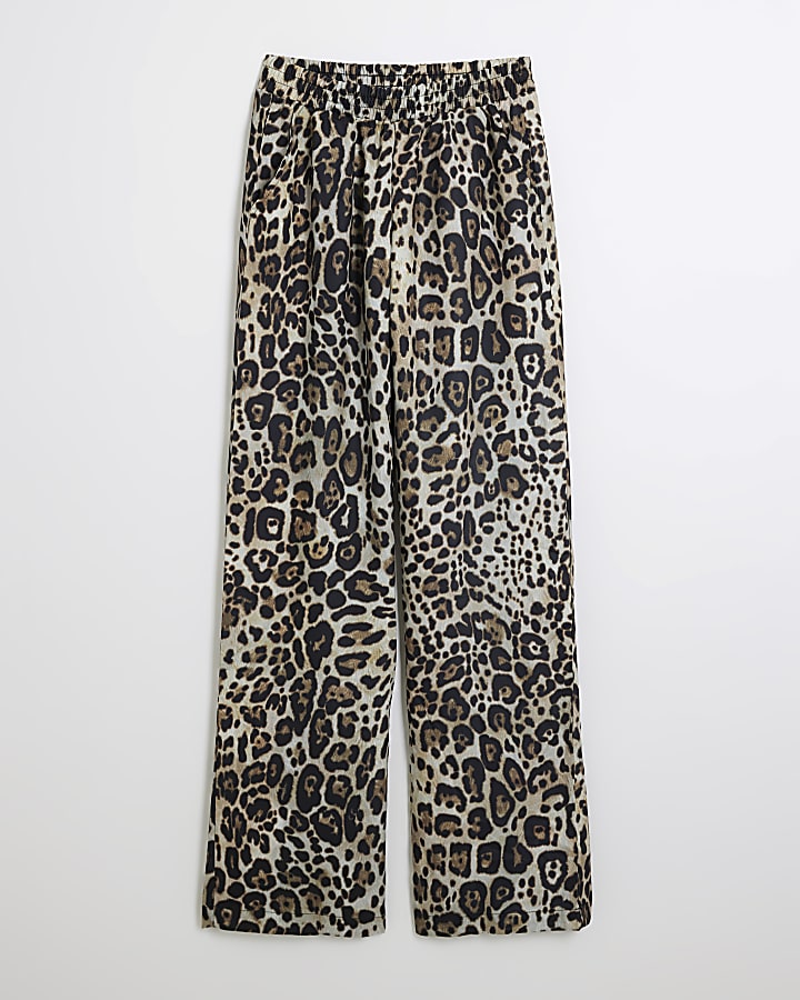 Beige Leopard Print Wide Leg Trousers