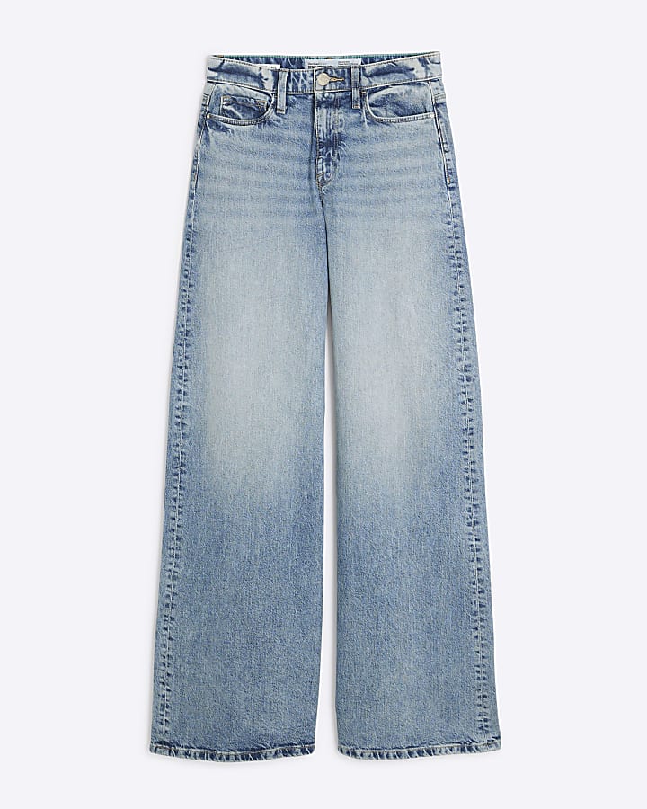 Blue Denim Mid Rise Wide Leg Jeans