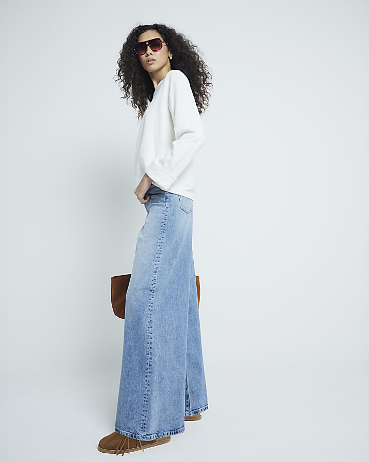 Blue Denim Mid Rise Wide Leg Jeans