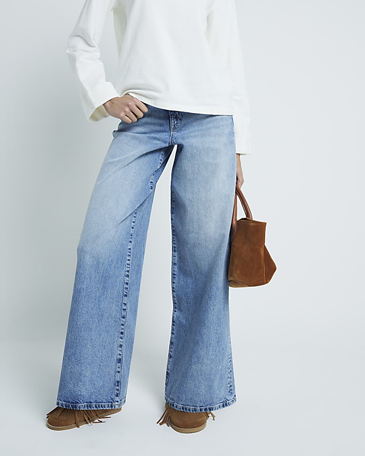 Blue Denim Mid Rise Wide Leg Jeans