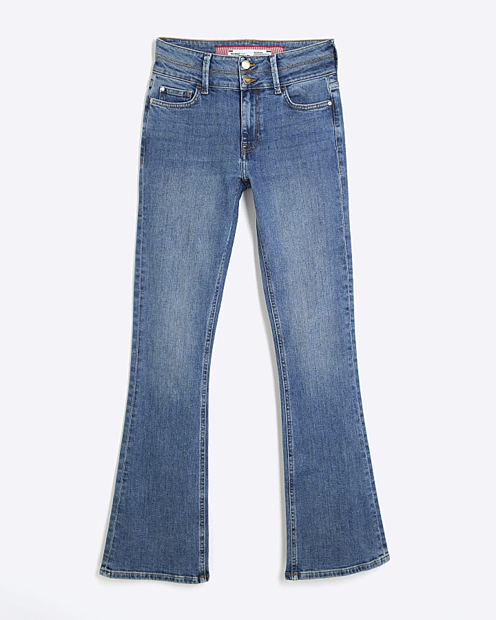 Blue Denim Double Waistband Bootcut Jeans