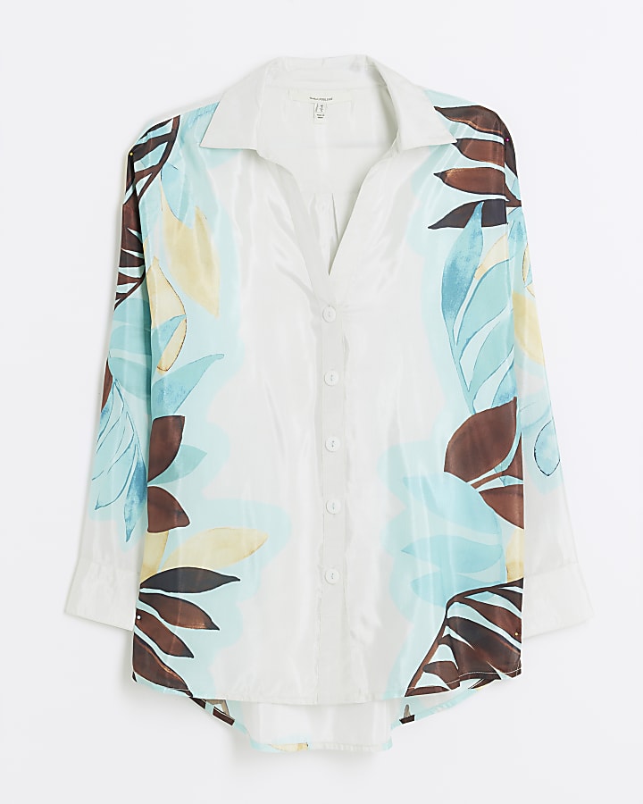 Cream Leaf Print Beach Shirt