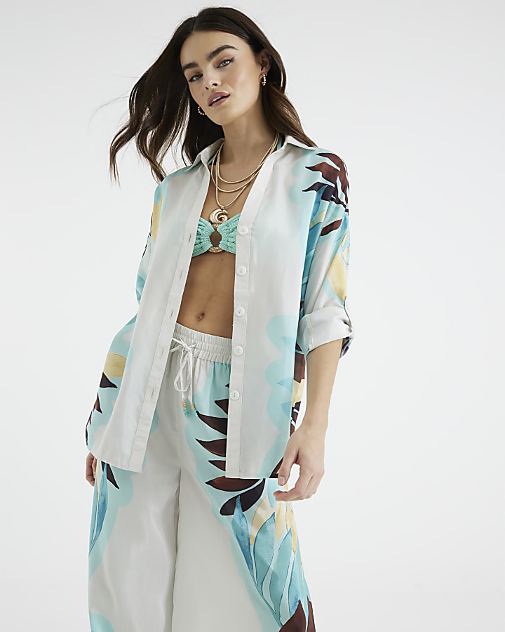 Cream Leaf Print Beach Shirt