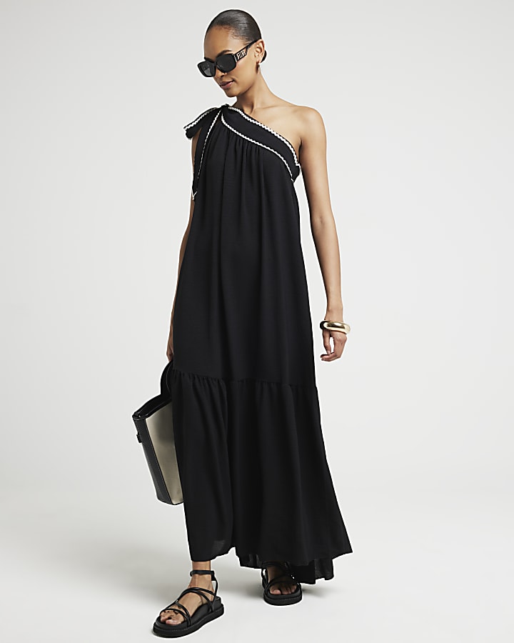 Black one shoulder contrast swing maxi dress