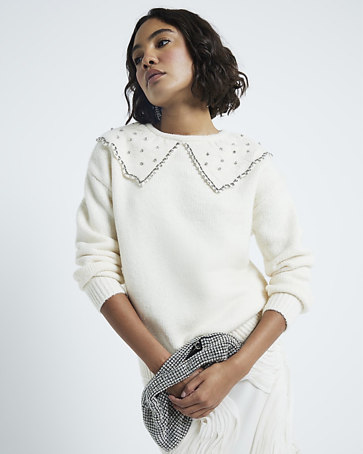 Cream Embellished Collar Jumper