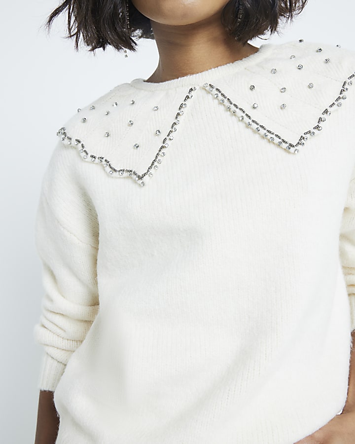 Cream Embellished Collar Jumper