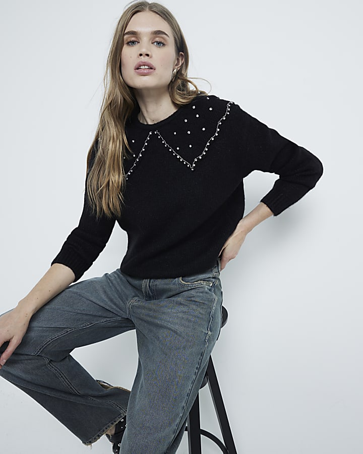 Black Embellished Collar Jumper