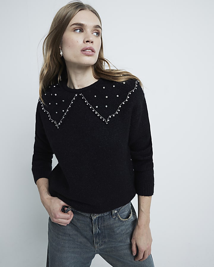 Black Embellished Collar Jumper