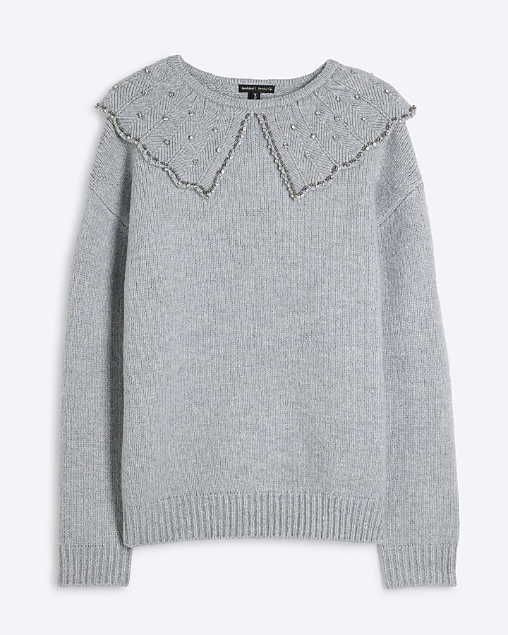 Grey Embellished Collar Jumper