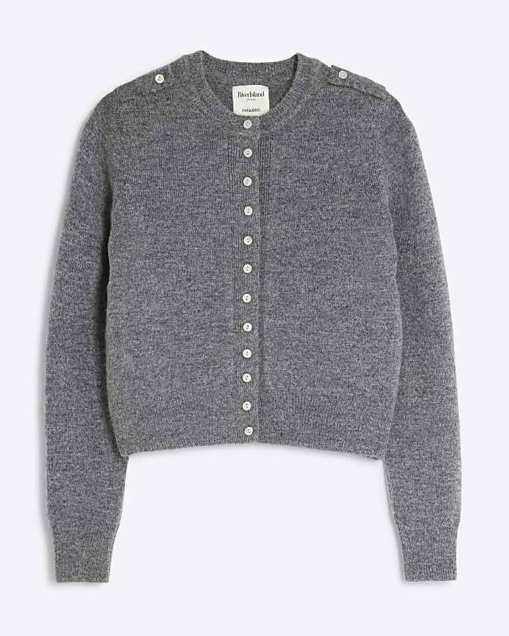 Grey Knit Button Up Epaulette Cardigan