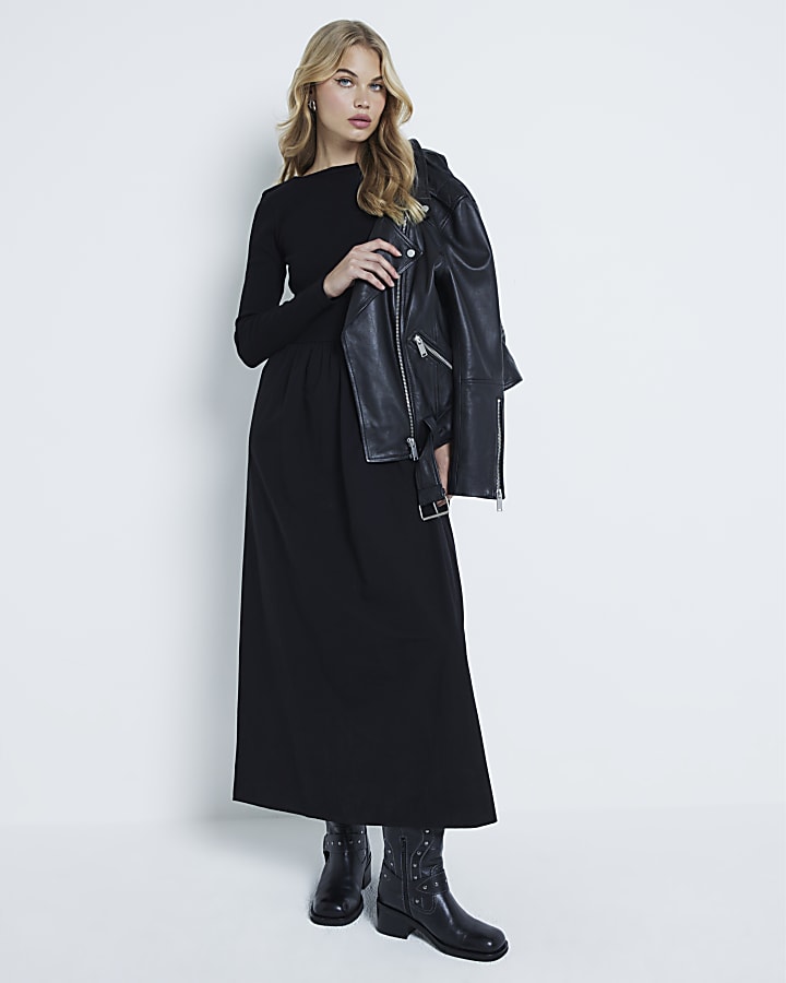 Black Poplin long sleeve midi Dress