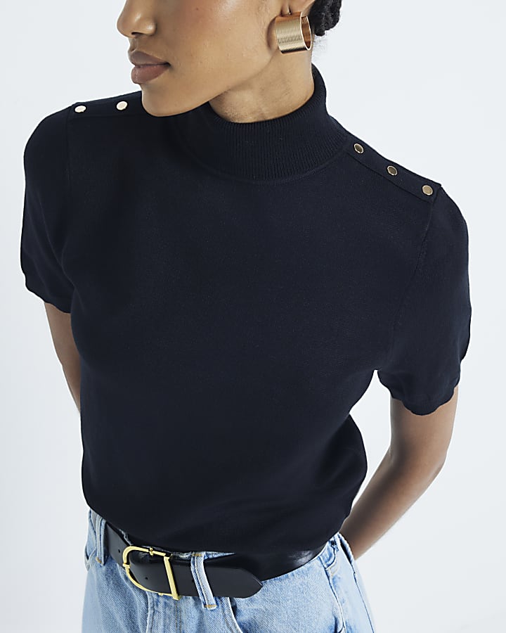 Black Roll Neck Button Shoulder Knit Top