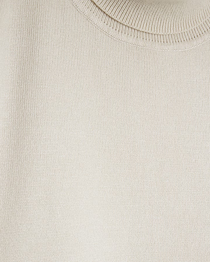 Beige Roll Neck Button Shoulder Knit Top