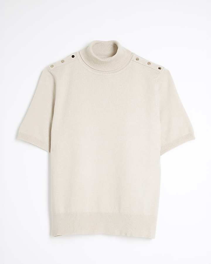 Beige Roll Neck Button Shoulder Knit Top