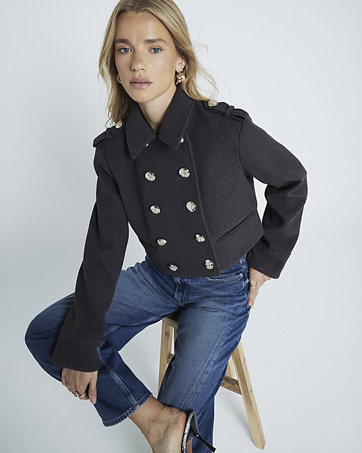 Grey short buttoned military jacket River Island