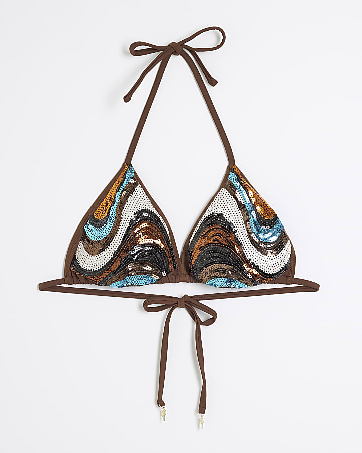 Brown Print Sequin Triangle Bikini