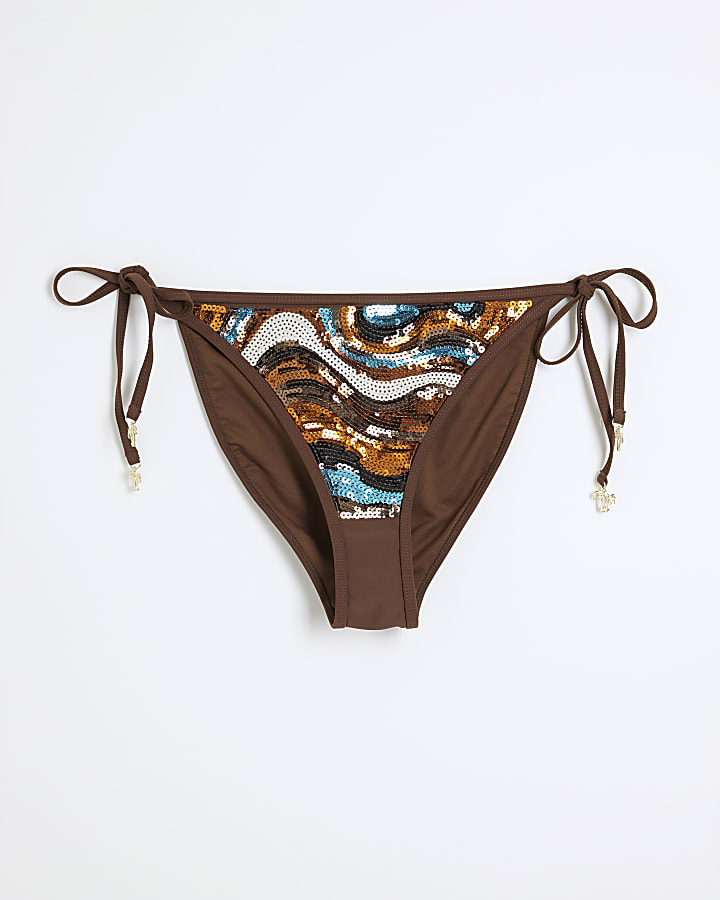 Brown Print Sequin Tie Side Bottoms