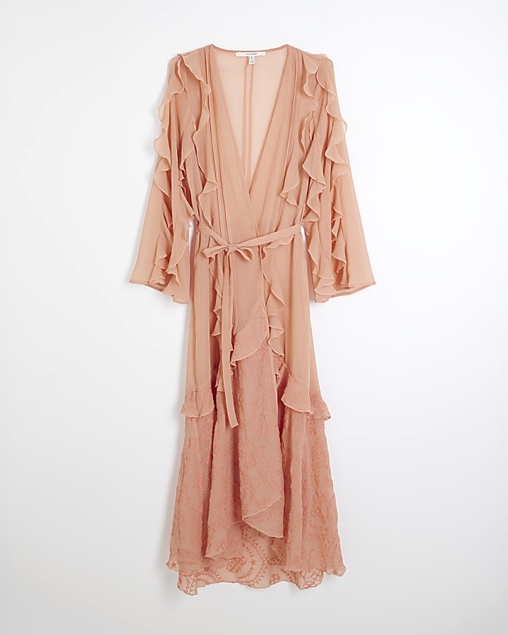 Pink Chiffon Long Sleeve Ruffle Kaftan