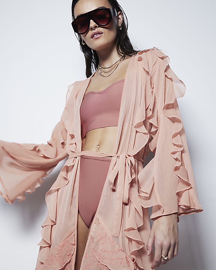 Pink Chiffon Long Sleeve Ruffle Kaftan