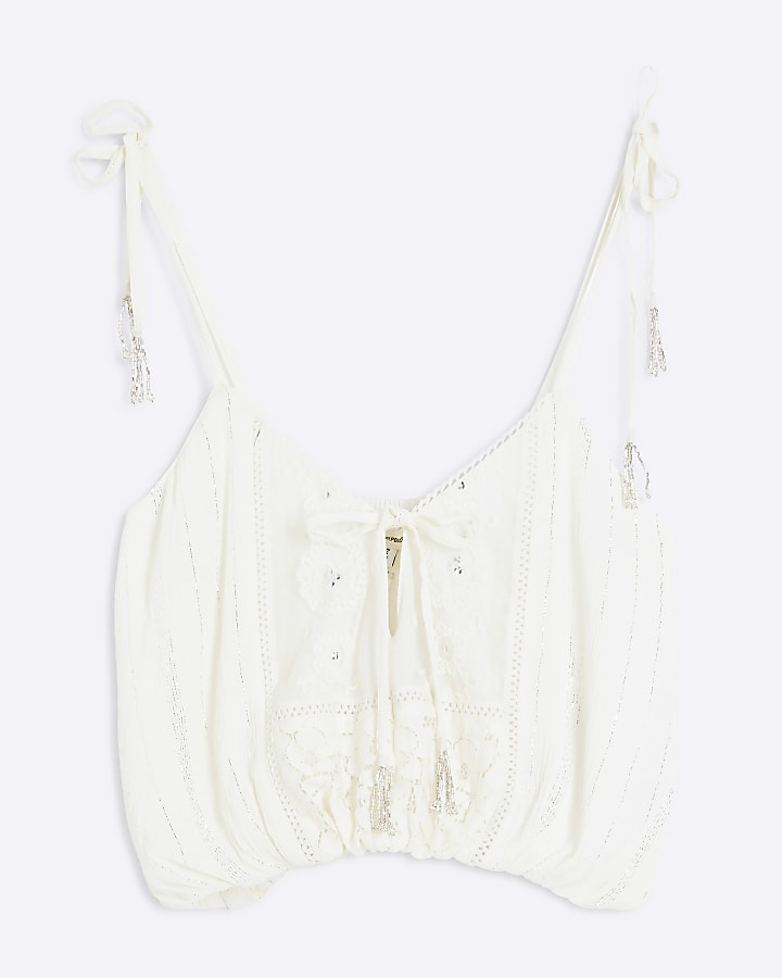 Cream Lace Embellished Beach Top