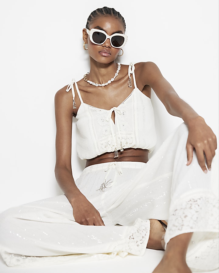 Cream Lace Embellished Beach Top