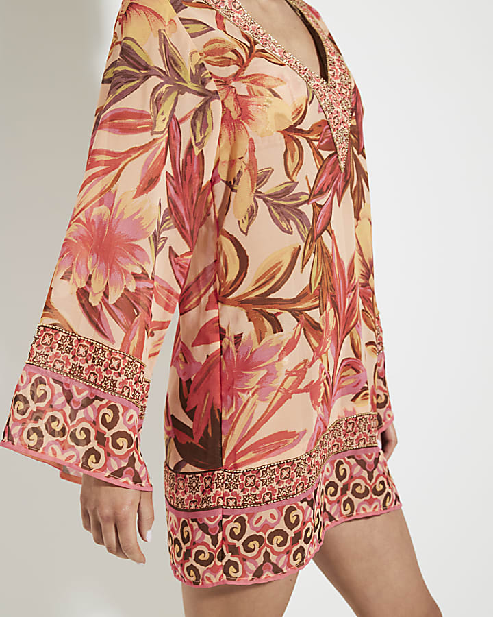 Multi Colour Floral Chiffon Tunic Beach Dress