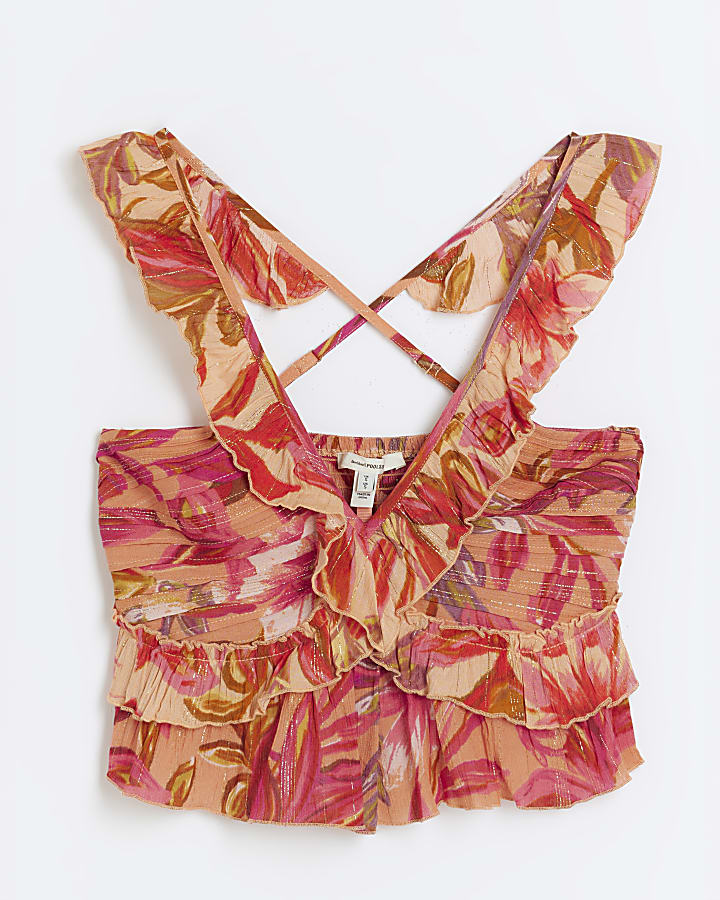 Pink Floral Frilled Strappy Top