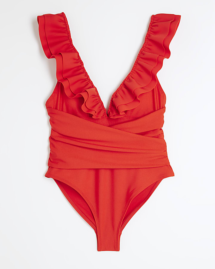 Red Frilled Plunge Swimsuit