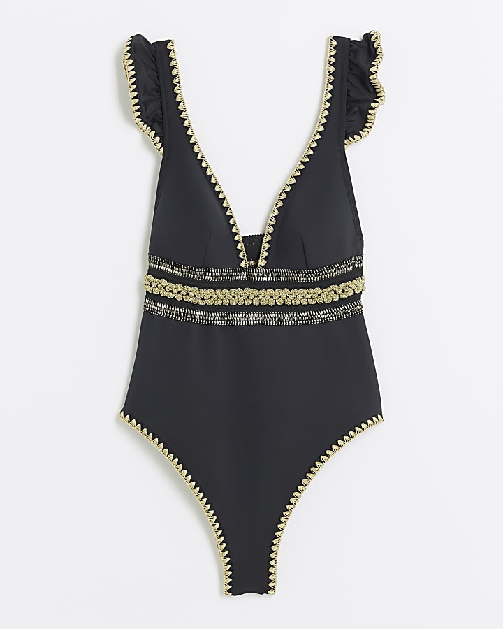 Black Scuba Plunge Cutwork Swimsuit