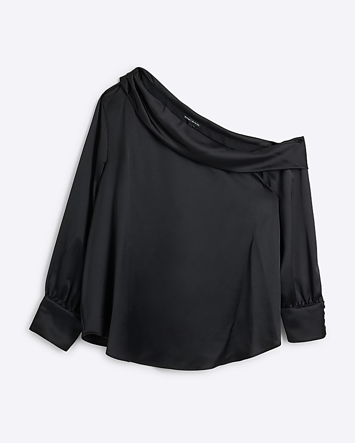 Plus Black Satin Off Shoulder Blouse