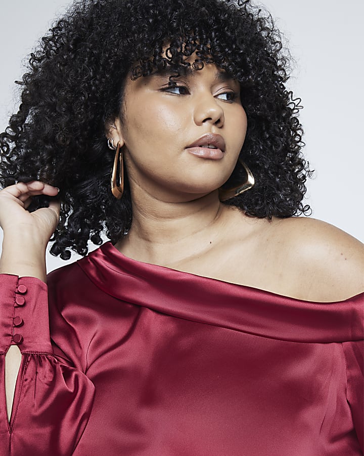 Plus Red Satin Off Shoulder Blouse