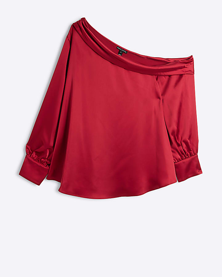 Plus Red Satin Off Shoulder Blouse