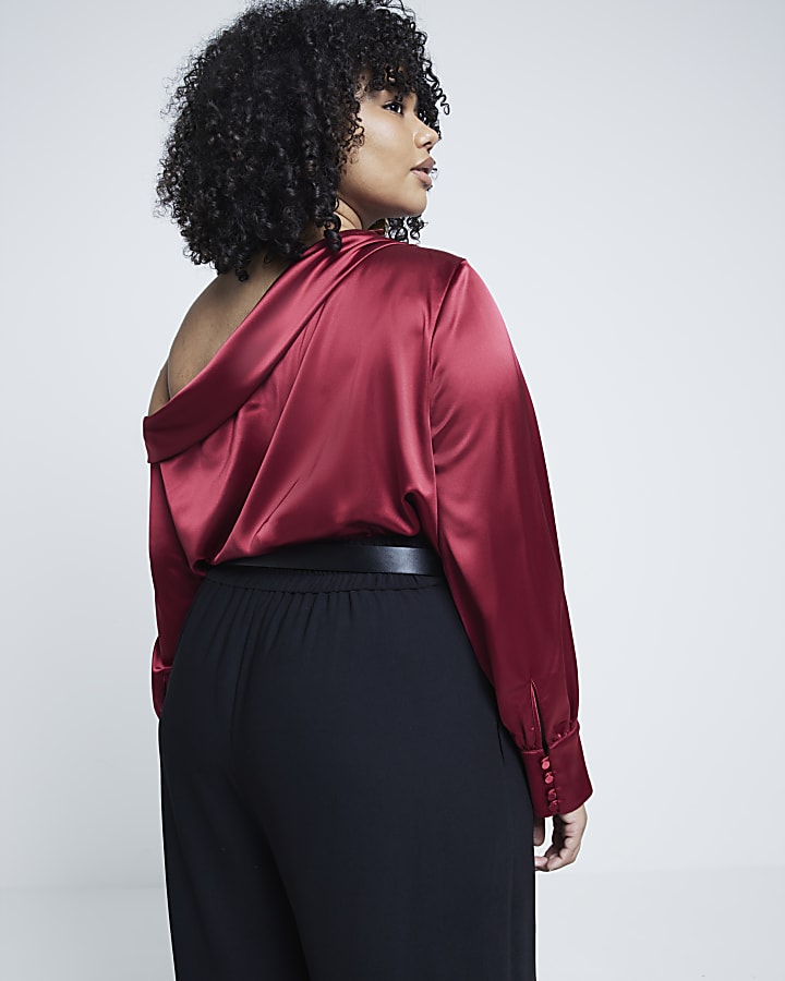Plus Red Satin Off Shoulder Blouse