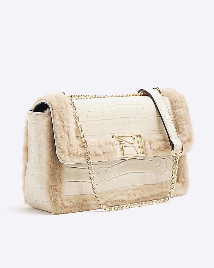 Cream Faux Fur Trim Shoulder Bag