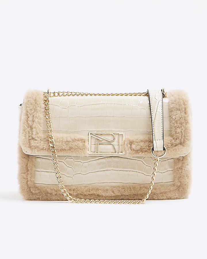 Cream Faux Fur Trim Shoulder Bag