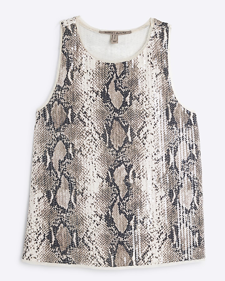 Beige Sleeveless Snake Print Sequin Tank Top