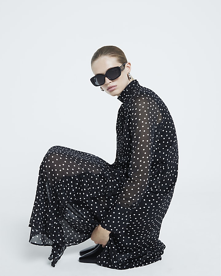 Black spot frill midi dress