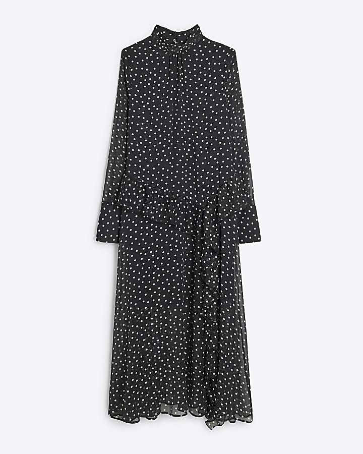 Black spot frill midi dress