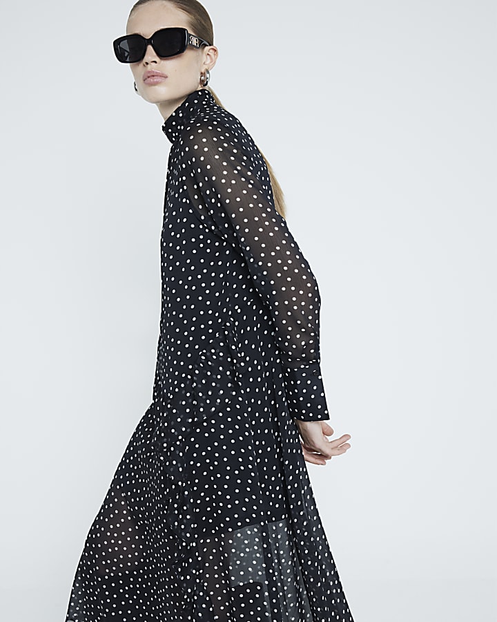 Black spot frill midi dress