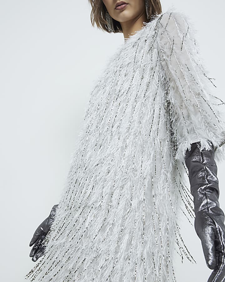 Silver Premium Beaded Fringe Shift Dress