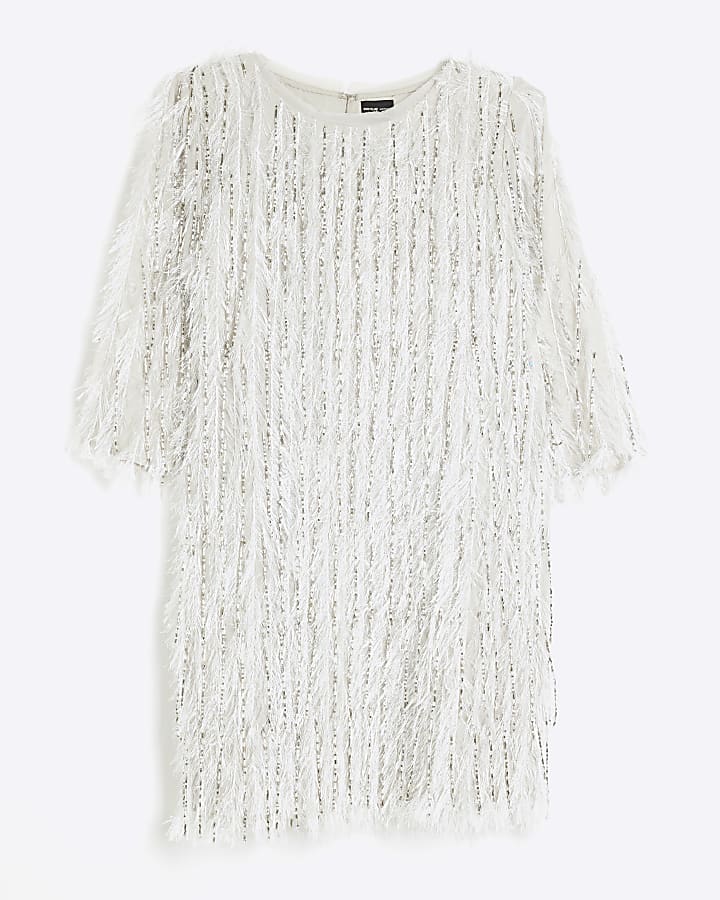 Silver Premium Beaded Fringe Shift Dress